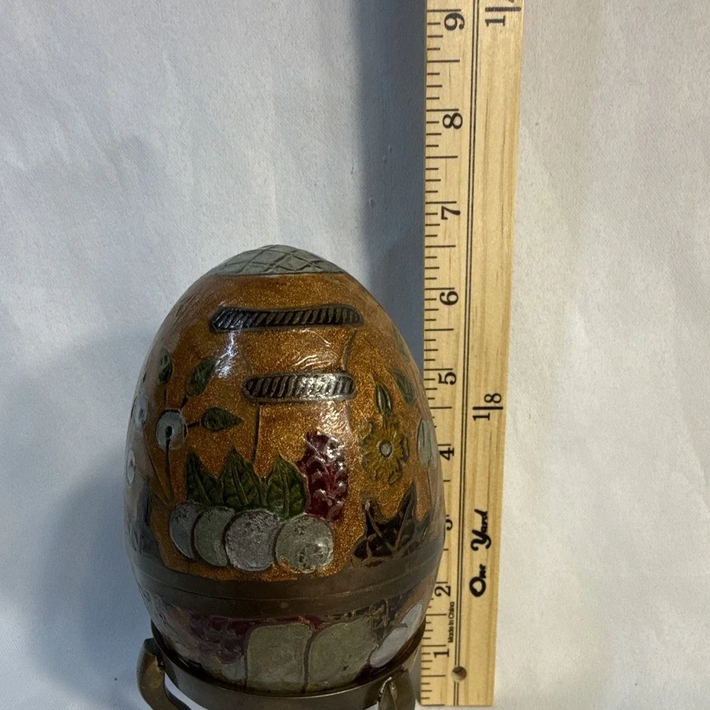Vintage Brass Cloisonne Enamel Egg Trinket Box with 3-Footed Stand